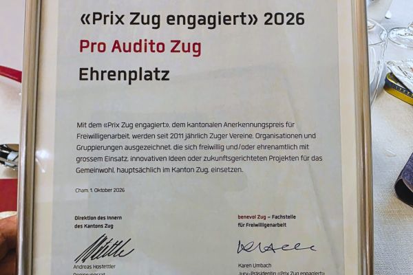 Ehrenplatz für Pro Audito Zug – «Prix Zug engagiert» 2026